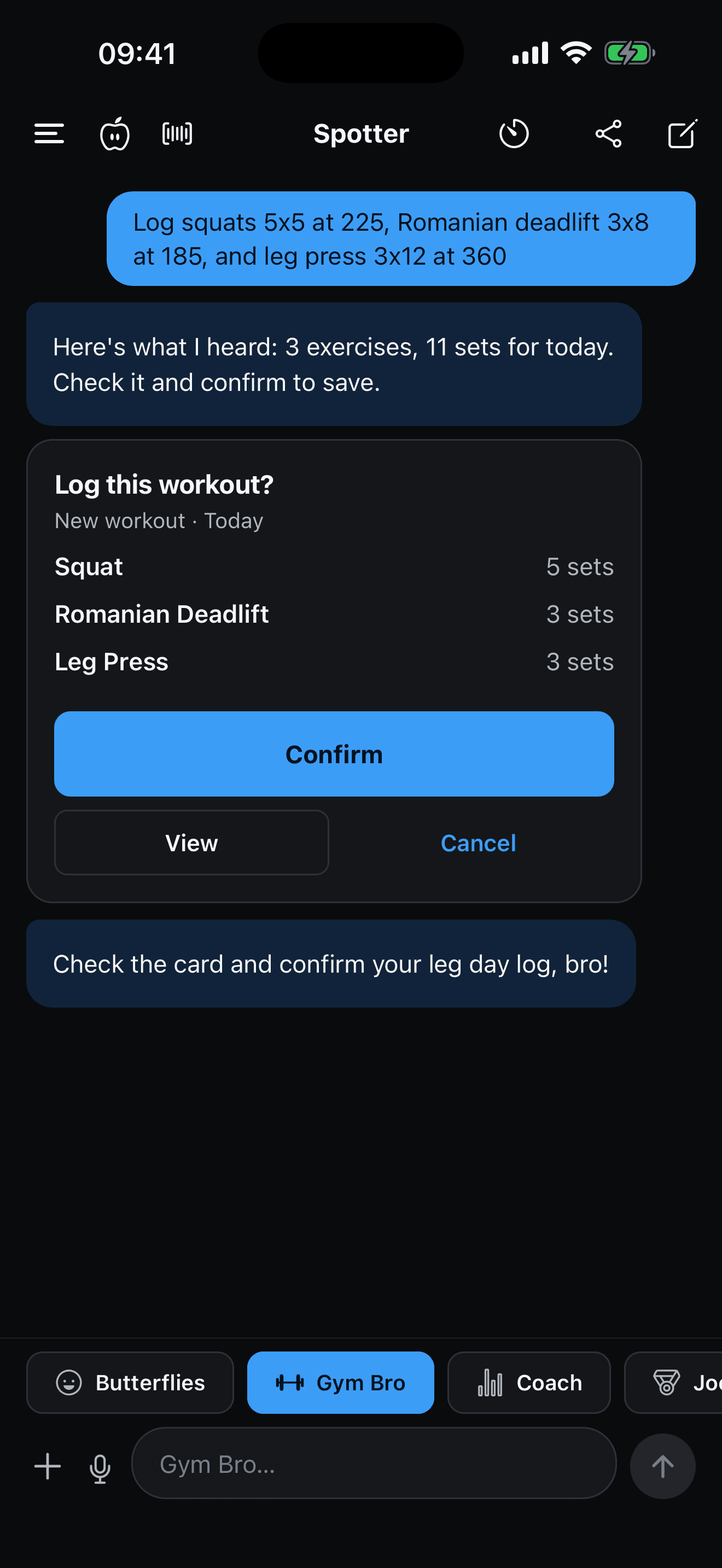 Coach confirmation card: Log this workout? with Squat, RDL, and Leg Press, and a full-width Confirm