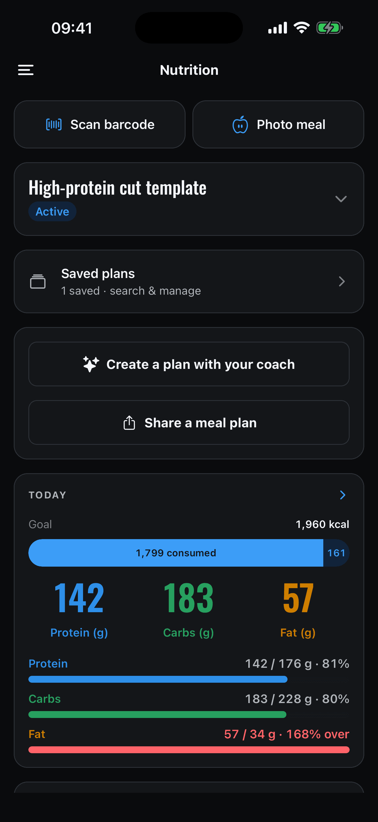 Today's nutrition — calorie bar and macro tiles. Estimates, not medical advice