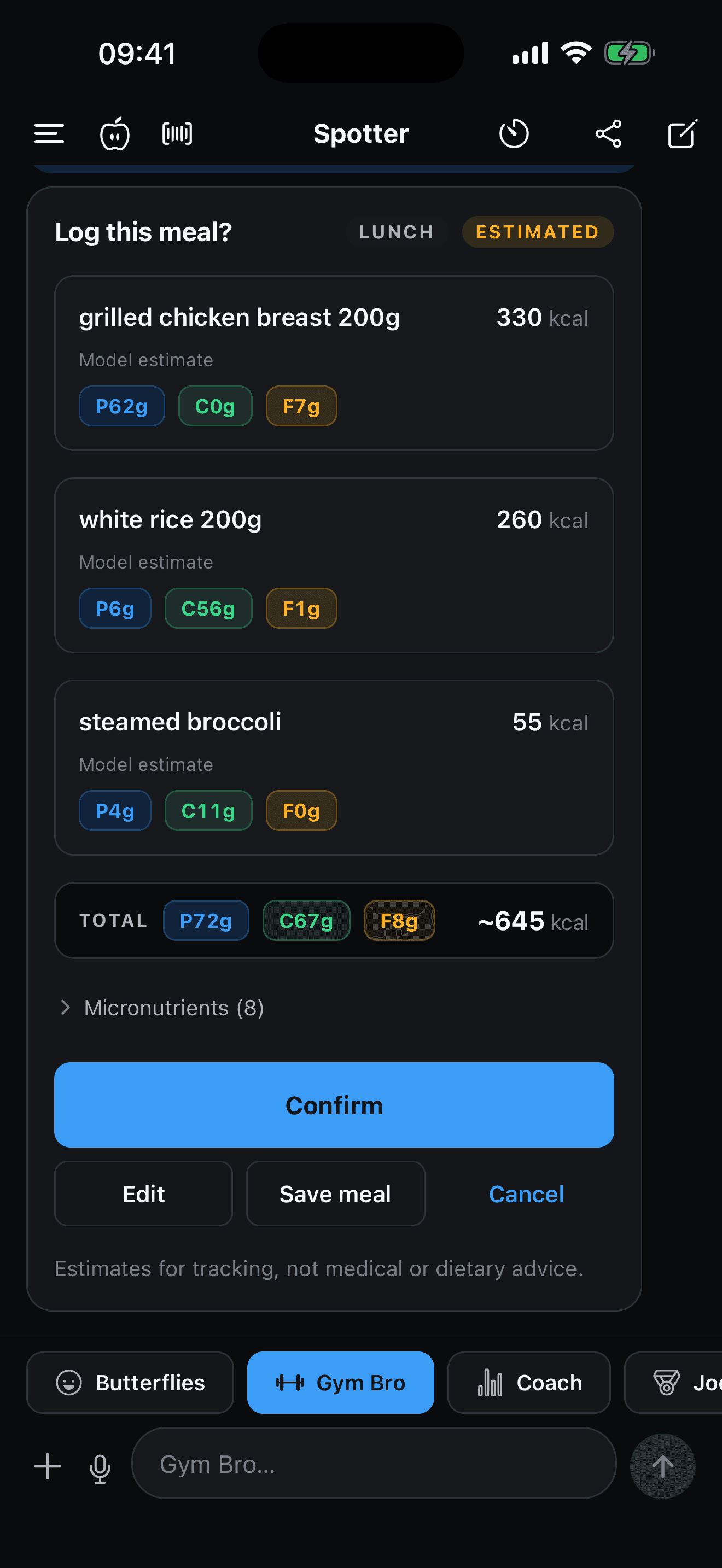 Meal confirmation card with per-item macros, Confirm, and estimates-not-medical-advice